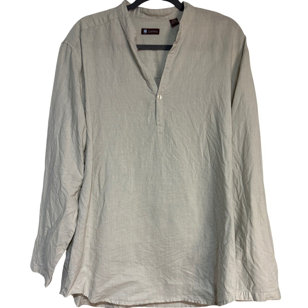 Centro Mens XL Beige Ramie Cotton Blend Striped Henley Band Collar Shirt 1943